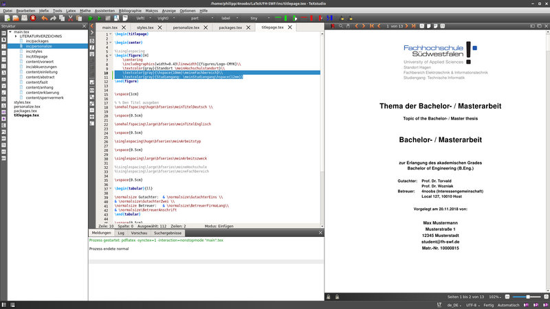 TeXstudio mit FH-SWF Vorlage